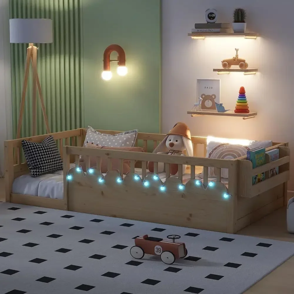 

Wood Twin Floor Bed with High Rails, Storage, and LED Light for Kids