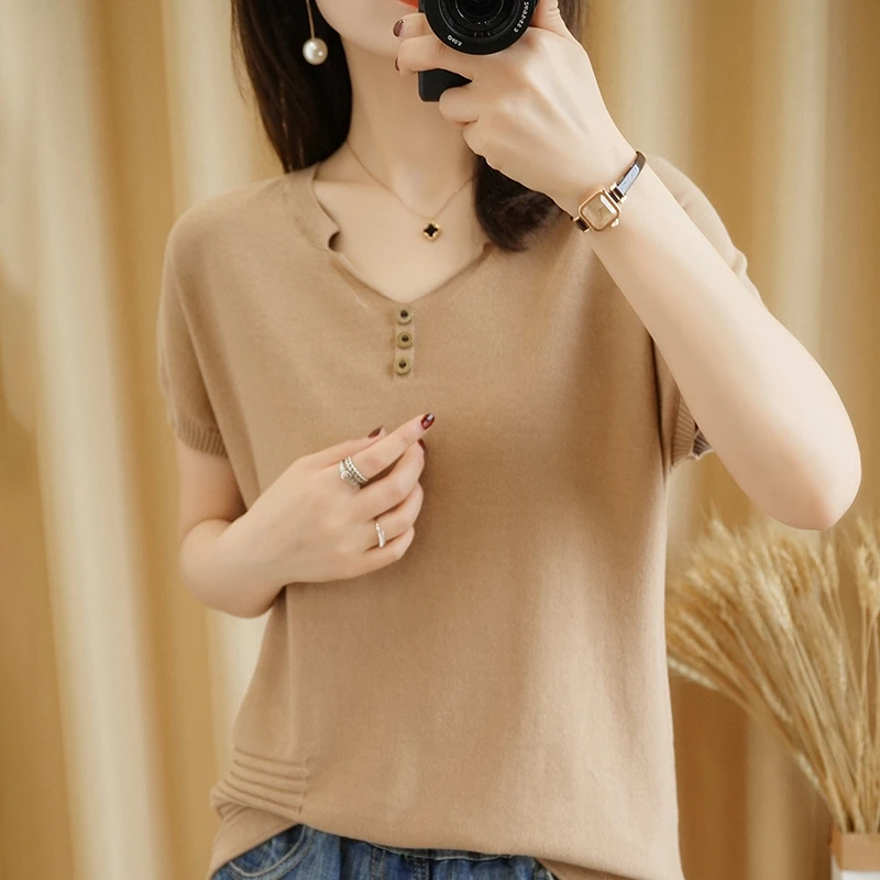 Women\'s T-shirt Summer New 100% Cotton Knitted Short Sleeve Casual Solid Tees Loose V-neck Tops Button Ladies Blouse