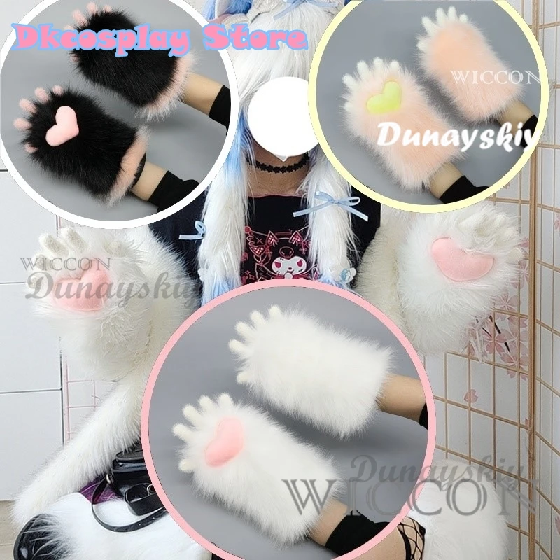 Kürklü eldiven Kig Fursuit Kigurumi Cosplay peluş eldiven yaz eldiven pençe siyah beyaz renkli pençe sevimli serin kürklü parti hediye