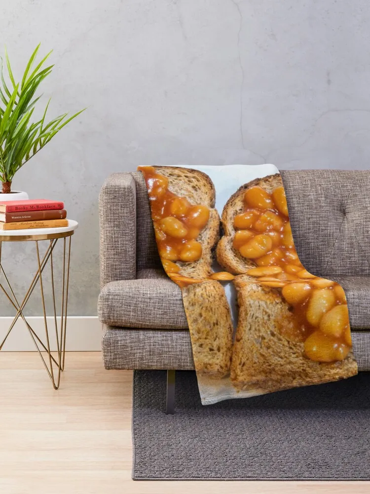 Baked beans on toast on white plate Throw Blanket 3D Blanket