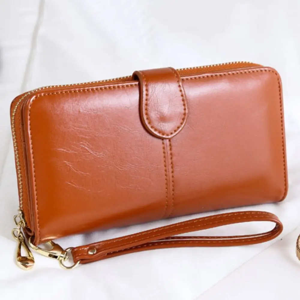 Borsa retrò Portafoglio lungo in pelle PU con cerniera Portafoglio multifunzionale a due pieghe Porta carte da donna pieghevole di grande capacità