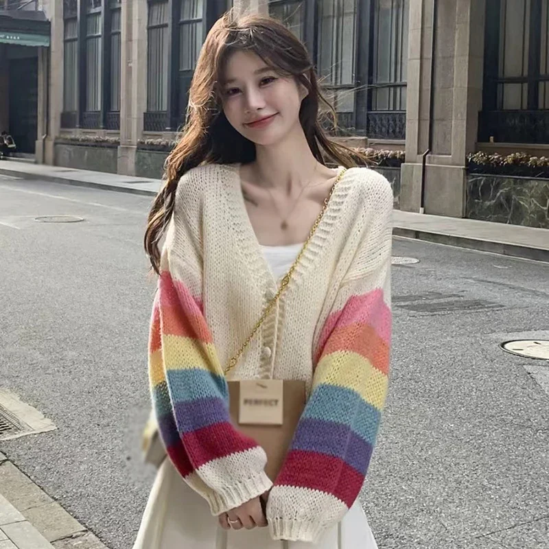 Women Cardigan Spring Autumn V-Neck Rainbow Stripes, Sweet Loose Sweater Lazy Wind, Dopamine Top