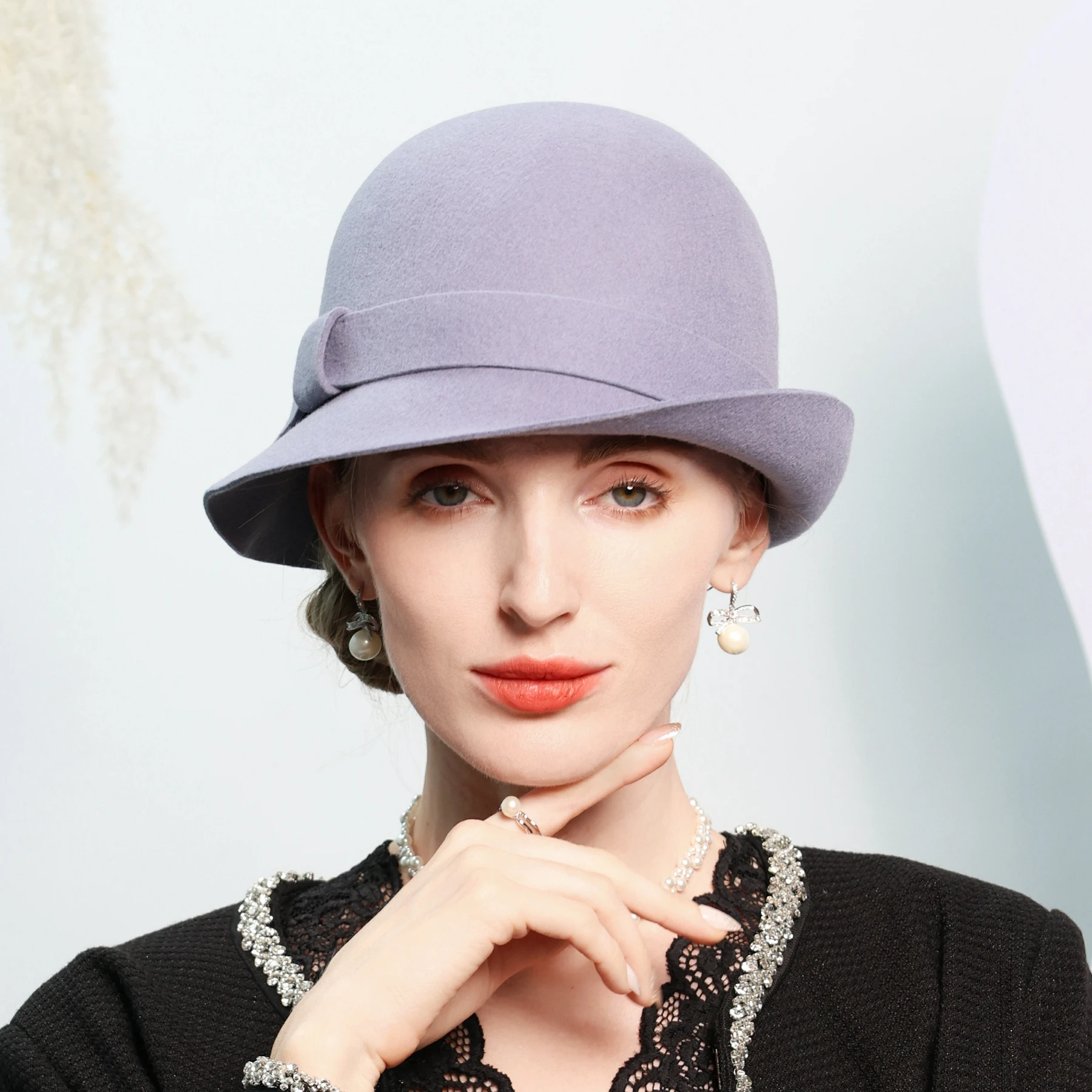 FS Vintage Curved Brim Bowler Hat Luxury Wool Hats For Women Ladies Outdoor Windproof Winter Cap Formal Gray Felt Fedoras 2024