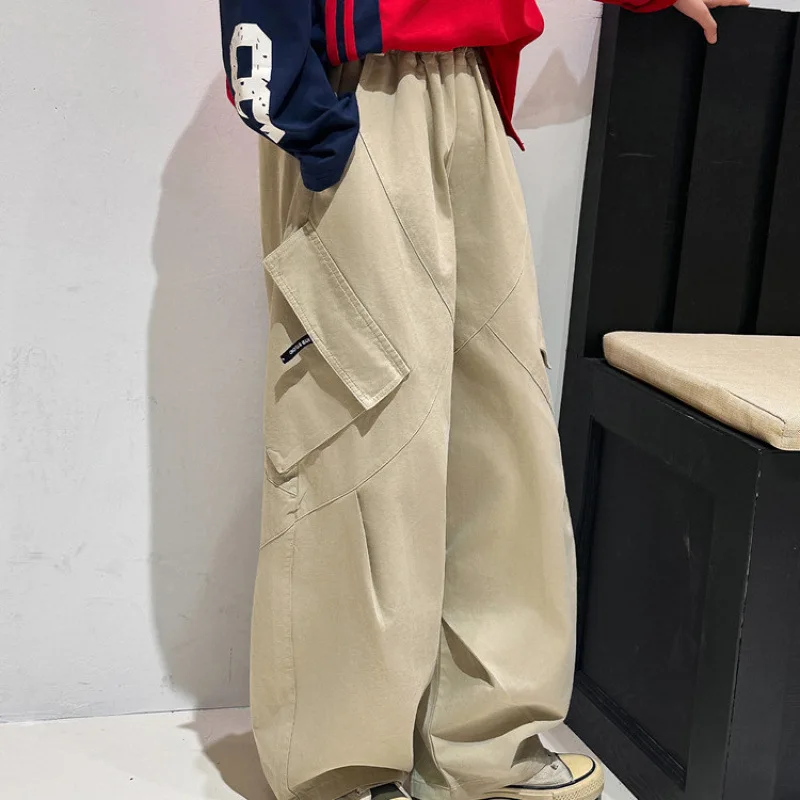 

Korean Junior Girls Cargo Pant Loose Pocket Full Length Children Girls Trousers Elastic Waist Versatile Teenager Girls Pant