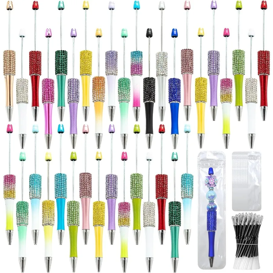 

75 Pcs DIY Diamond Beadable Pen Kit 25 Plastic Rhinestone Beaded Pens Bulk with Refills and Bags Fancy Cute Glitter Pens for Cr