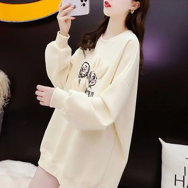 Minimal Design Sense Sweatshirts Women Early Spring 2023 Loose Rabbit Embroidery Small Versatile O Neck Sweatshirt Female Top