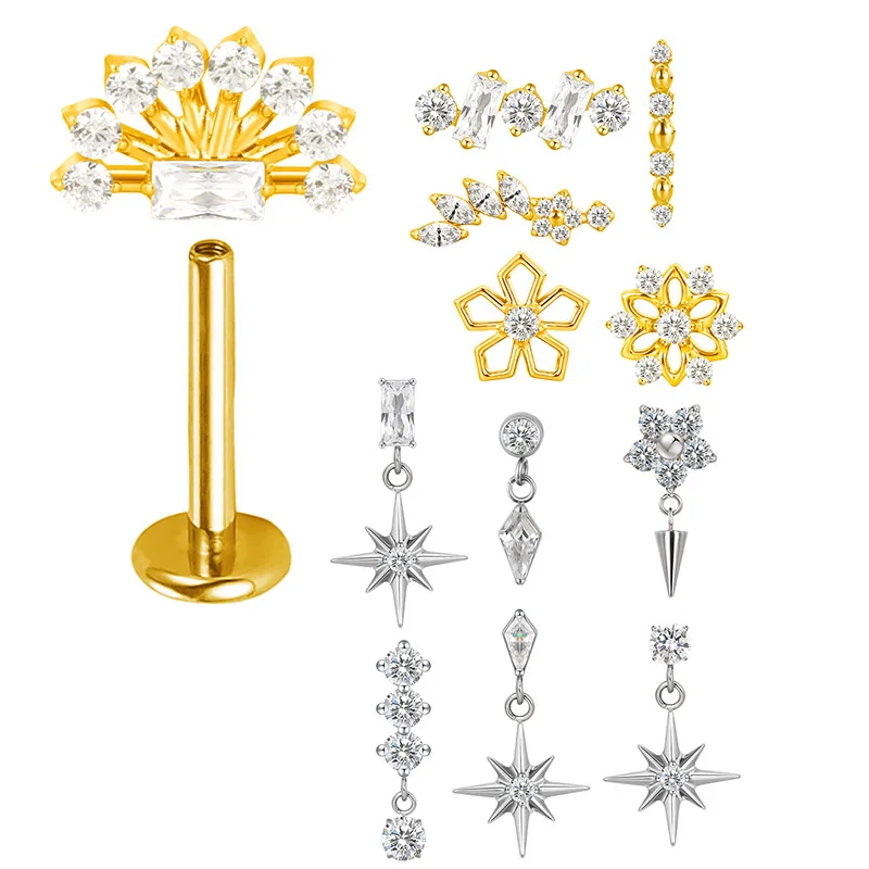 ASTM F136 التيتانيوم الأذن قطعة قلادة لوتس مستطيل القرط تشيكوسلوفاكيا معبد الخيوط الأذن مربط الزنمة الشفاه مصنع هيئة ثقب المجوهرات