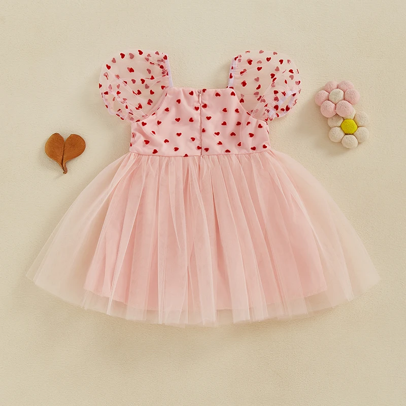 Tregren Infant Baby Girl Tulle Princess Dress Cute Puff Sleeve Square Neck Heart Print A-Line Mesh Toddler Dress Valentine's Day