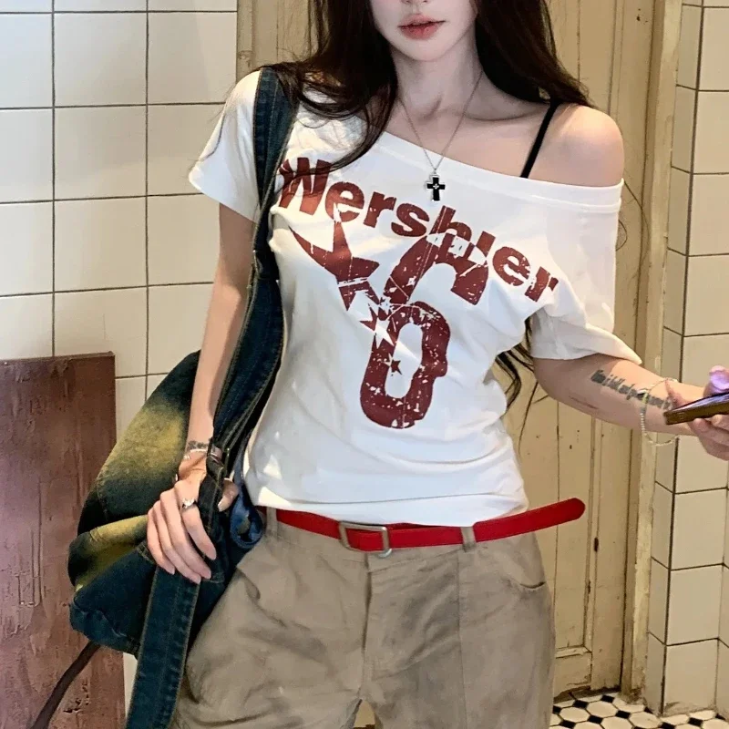 

Vintage Women Y2k Streetwear Sport Short Sleeve Acubi Letter Print T-shirts Grunge Off Shoulder Spicy Tshirt Top Tee Alt Clothes