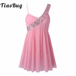 Kids Girls Open Back Lyrical Dance Dress Sequins Irregular High-Low Skirt Ballroom Dancing Costumes Figure Skating Ballet Dress