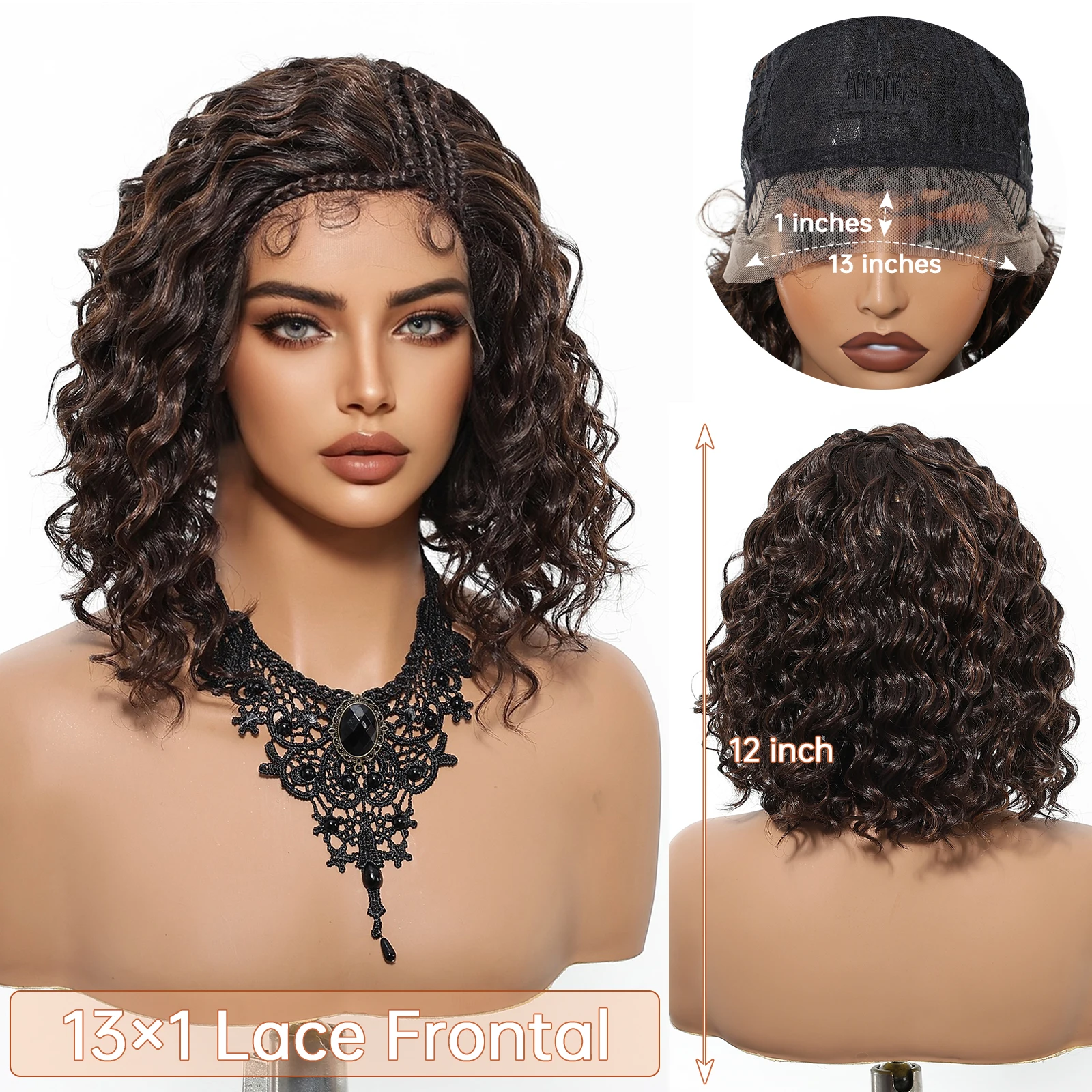 

Topshe 13x1 HD Lace Braided Wigs for Women Pre Plucked Hairline Breathable Synthetic Curly Hair Heat Resistant Glueless Wig