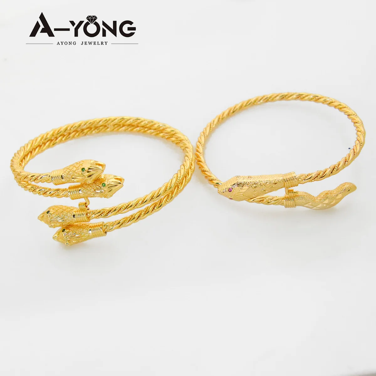 AYONG Gold Color Snake Twisted Cuff Bangles 21k Gold Plated Vintage Single Double Layer Bracelets Dubai African Luxury Jewelry