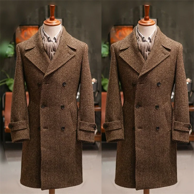 Manteau en laine marron à chevrons pour hommes, costume Double boutonnage, Tuxedos sur mesure, Blazer Long, veste d'hiver de styliste