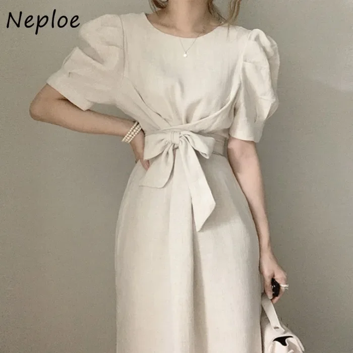 Neploe Summer Dress for Women 2024 Solid Office Ladies Puff Sleeve Korean Chic Vestidos Bow Bandage Robe Femme A-line