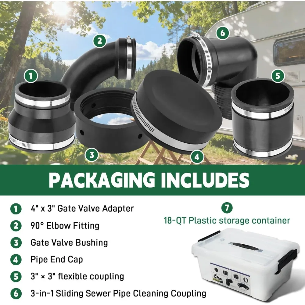 طقم توصيل نفايات الصرف الصحي RV مع محول اقتران مناسب للانزلاق لتركيبات خرطوم الأنابيب البلاستيكية مقاس 3 بوصة #6