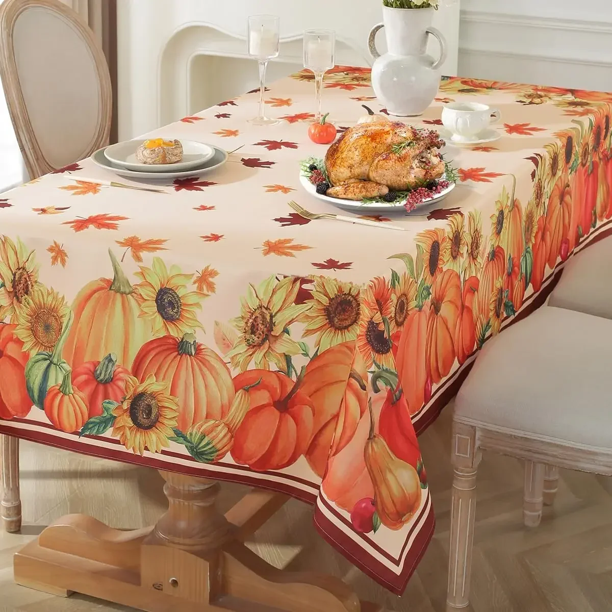 Thanksgiving Pumpkin Table Cloths with Sunflower Maple Leaves Dining Room Decor Reusable Table Cover Thanksgiving  Party Supply