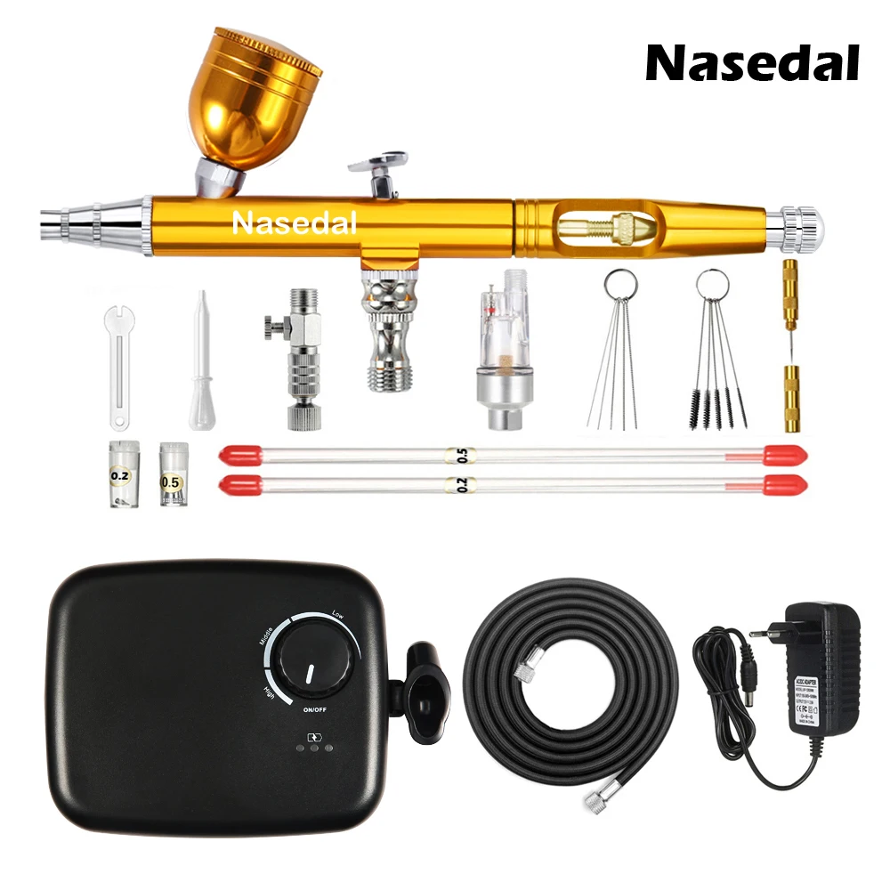 Nasedal Gold Dual-Action Airbrush Compressor Kit 0.3mm Airbrush Spray Gun for Nail Airbrush Model Cake Car Fish Shoes Painting