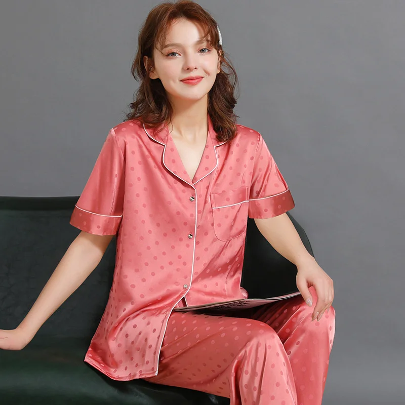 2023 Ice Silk Pajamas Women's Summer Home Pajamas Printed Short Sleeve Long Pants Ice Silk Women's Home Pyjamas Suit