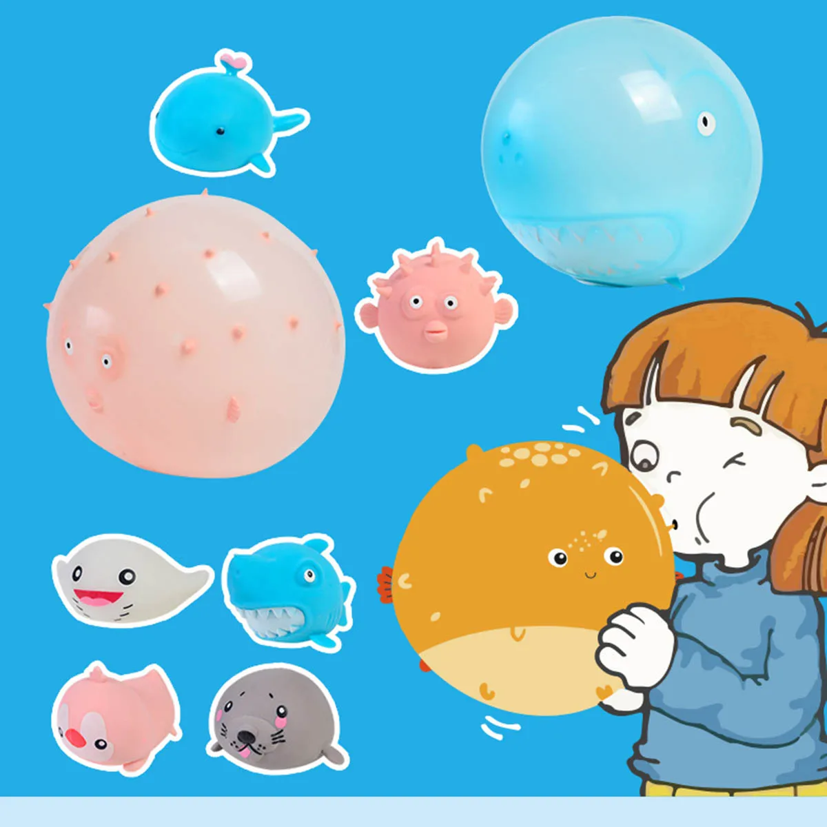 Novelty TPR Soft Rubber Inflatable Marine Animal Sensory Ball Creative Funny Inflatable Animal Decompression Squeeze Ball Toy