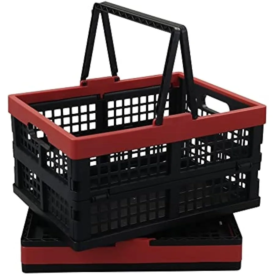 

Idomy Pack of 2 Collapsible Storage Crates with Handles Plastic Grocery Shopping Baskets