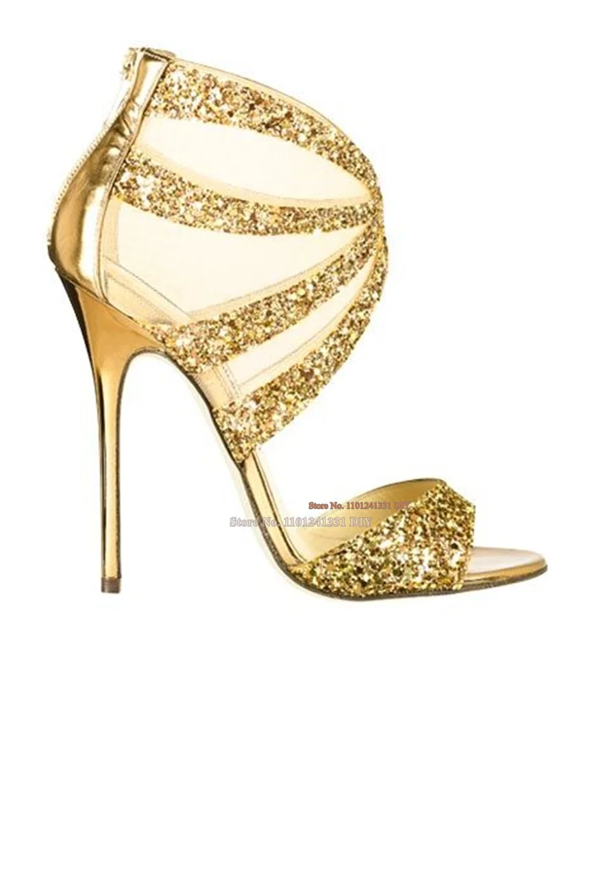 

Newest Black Gold Bling Bling Glitter High Heel Sandal Sexy Open toe Woman Thin Heels Dress shoes woman Cut-out Cage shoes woman