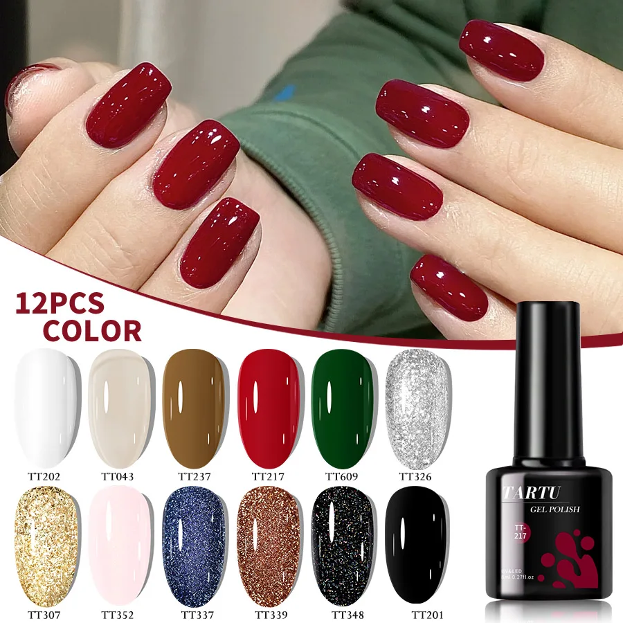Conjunto de esmaltes em gel com glitter gelatinoso de 12 cores inclui cores semipermanentes cáqui, roxo, branco, vermelho, azul, verde e rosa
