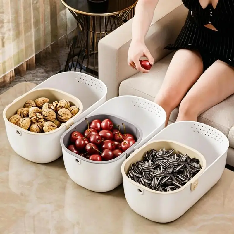 Double Layer Snack Storage Box BPA Free Detachable Waste Compartment Drain Basket for Kids Snack Serving at Home