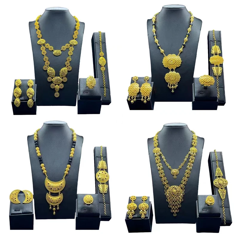 

Luxury Arab Women Wedding Dress Jewelry Necklace Earrings Bracelet Ring Set Gift Dubai Metal Gold color Women Jewelry Set Gift
