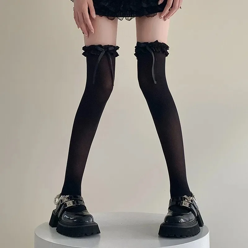 

1 Pair of Women's White Bow Over Knee Women's Spring and Summer Thin Lace Cute Strap Long Tube Lace Milk White Ballet Style Thig