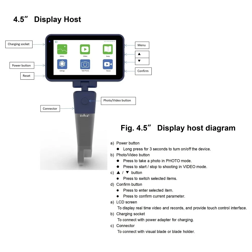 4.5 inch Touch Screen Digital Video Laryngoscope Reusable Sterilizable Blades Color TFT LCD