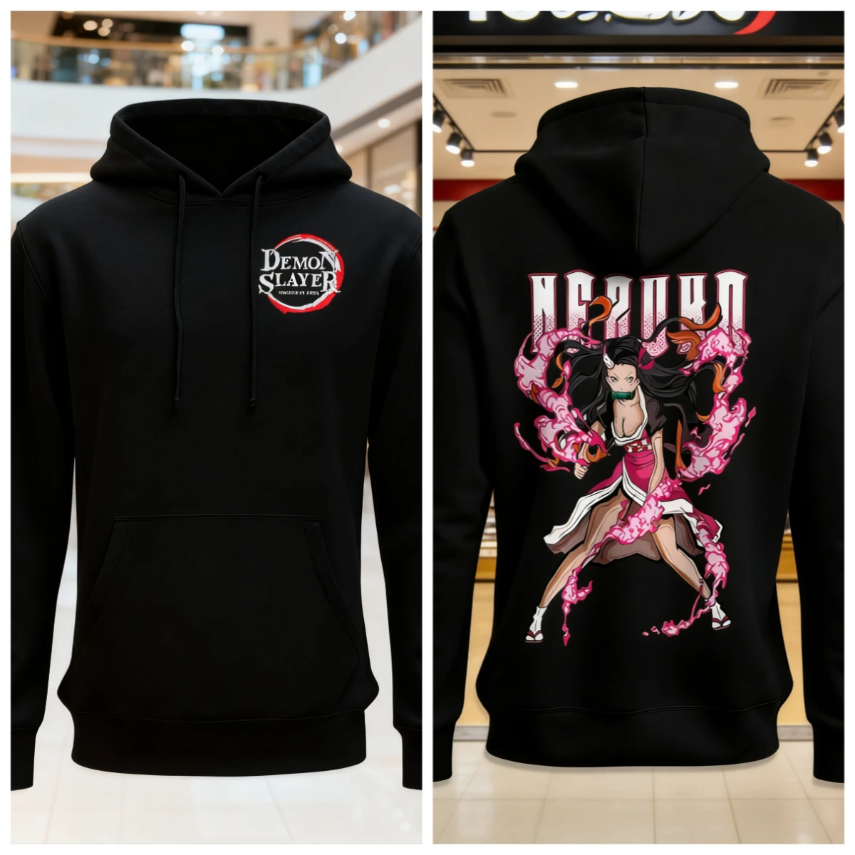 เสื้อฮู้ดผ้าฝ้ายลายอนิเมะดาบพิฆาตอสูร สีชมพู พิมพ์ลายตัวละครผมยาว ตาสีแดง ท่าทางดุดัน ลายเอฟเฟกต์เปลวไฟ สไตล์ลำลอง