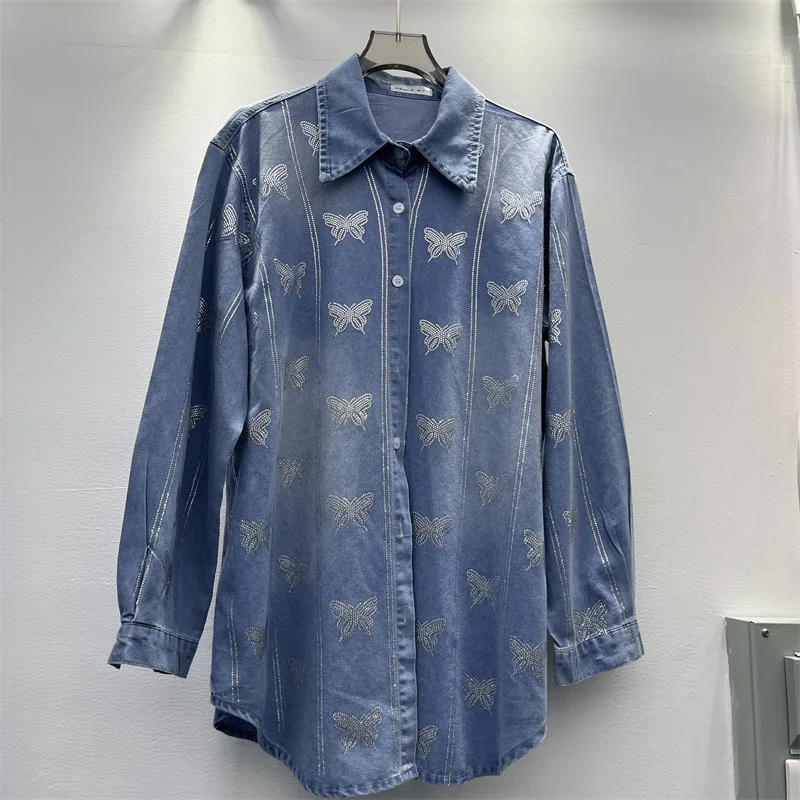 

Джинсовая рубашка SuperAen в европейском стиле с вышивкой в виде бабочек, свободного кроя, с эффектом похудения, на одной пуговице, с длинными рукавами