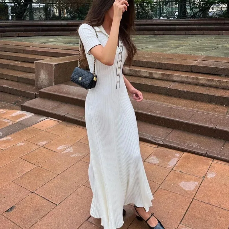 Talenza Elegant White Knitted Long Dress Women\'s Fashion Short Sleeve Evening Dress Lapel Slim Fit Patchwork Knitted Long Dress