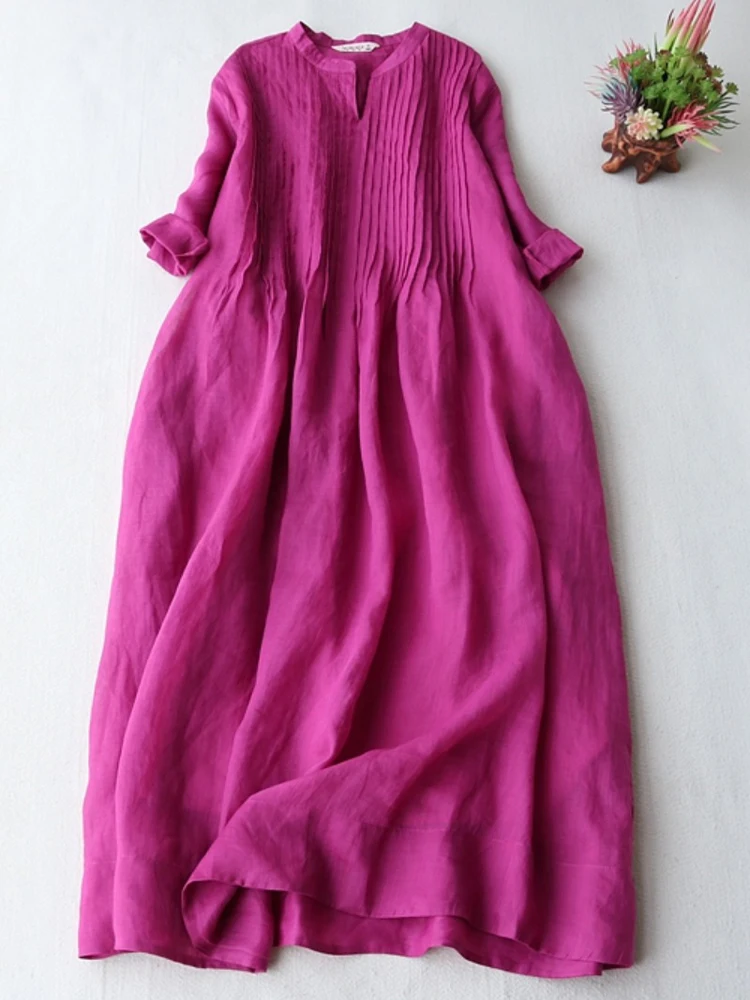 Chiffon Dresses Stand Collar Elegant Organ Pleats Three Quarter Sleeve Casual Loose Office Lady Party Dress Long Maxi Sundress