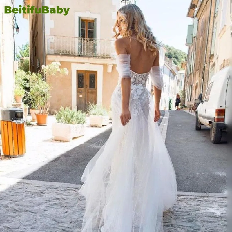 BeitifuBaby 2024 Wedding Dresses for Women Fashion Lace Off The Shoulder Sleeveless Zipper Yarn Skirt Banquet Gown Bridal Dress