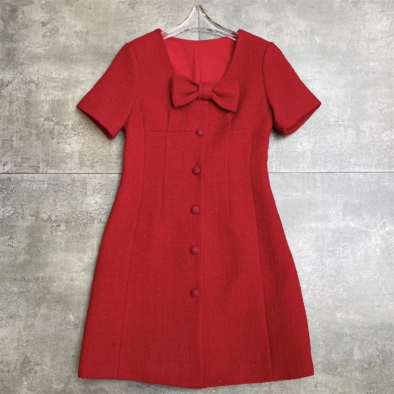 

Women's dress New round neck slim fit short sleeved mini dress for winter 2025 Bow decoration short dress banquet party dresses