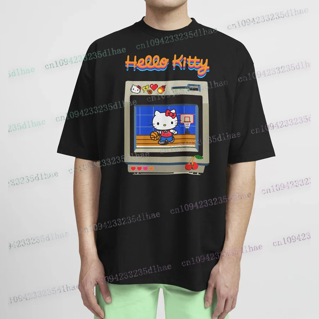 الفضاء خربش مرحبا كيتي المحملة أنيمي قميص رجالي الكرتون القط تي شيرت Harajuku Kawaii الصيف تيز ملابس قطنية هدية فكرة تيز