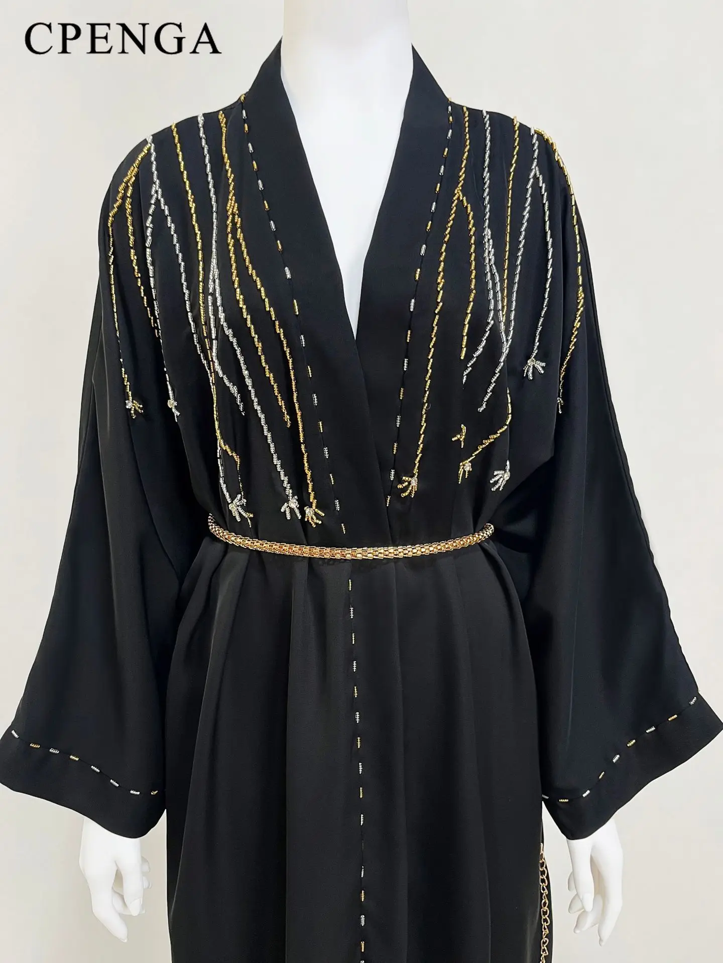 Luxury Dubai Black Abaya with Gold Embroidery and Belt Elegant Kimono Dress for Muslim Women 2026 Islamic Party Jalabiya Outfit