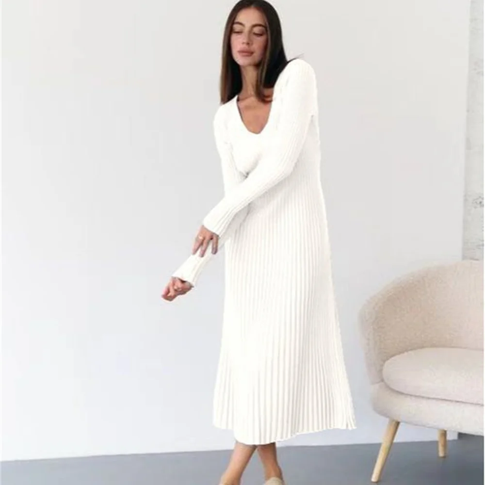 

Elegant Knitted Ribbed V-Neck Long Dress Autumn Winter White Flare Long Sleeve Warm Thick A-line Female Sweater Dress