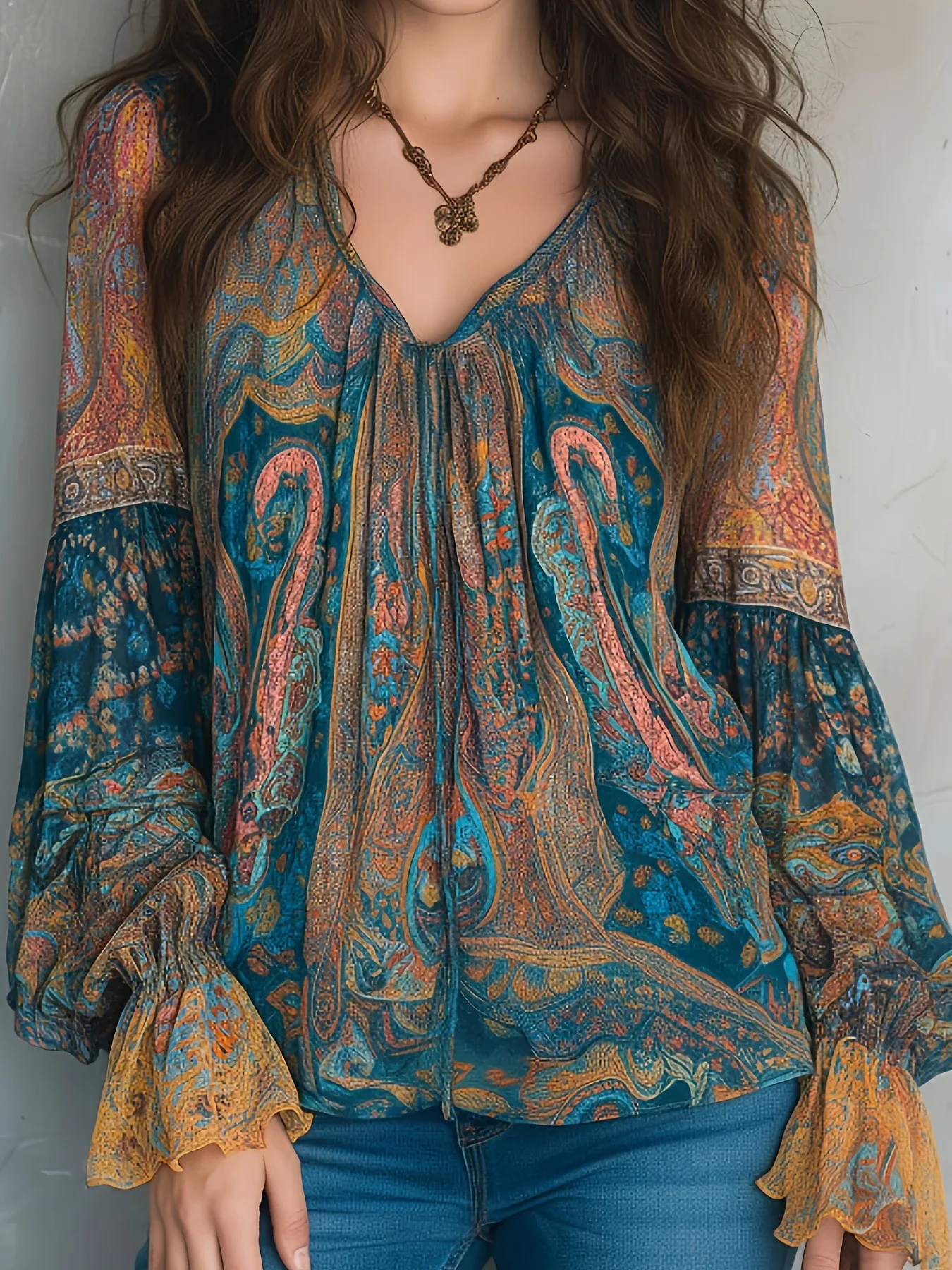 

Spring Women's Clothing Bohemian Floral Print V Neck Blouse For Woman Chiffon Long Sleeve Ruffled Cuff Regular Fit Polyester