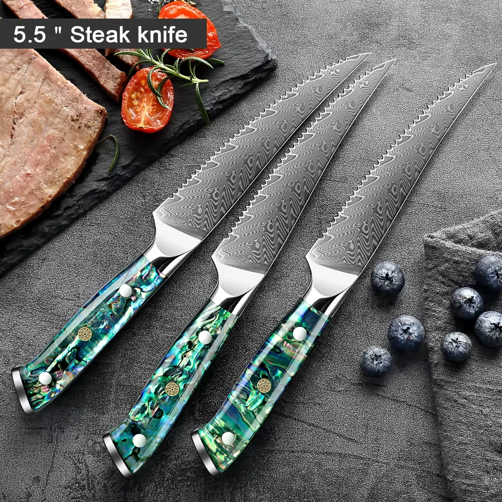 

Damascus Steel Steak Knife Set (1-6 pcs) Sharp blades for perfect steak cutting Ergonomic shell-shaped handles Kitchen tools