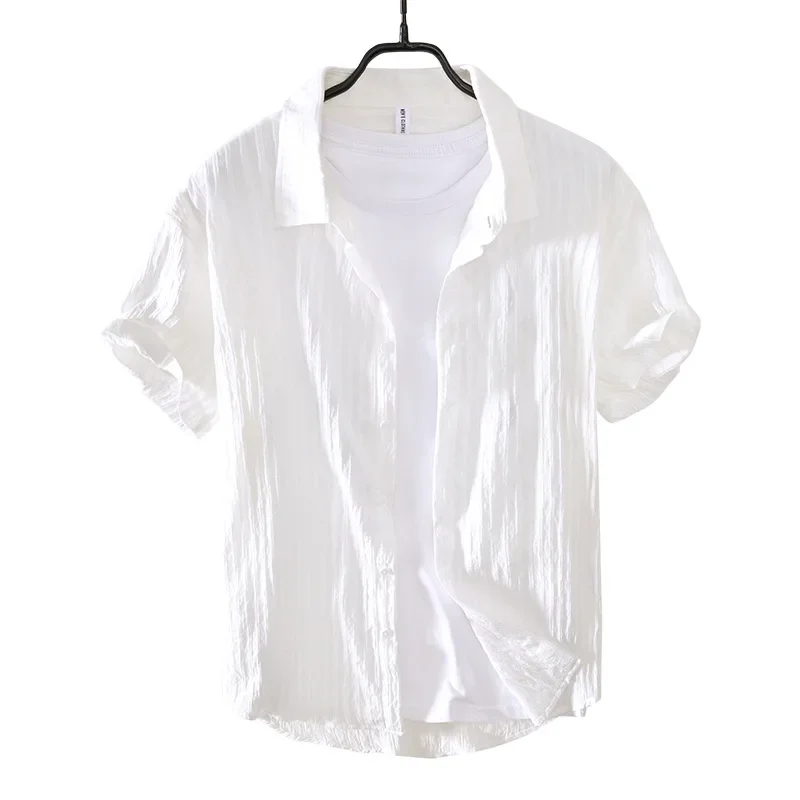 

Summer White Shirt Men Short Sleeve Korean Style Casual Shirts Lapel Texture Stripes Shirt Male Cool Tops Daily Simple Clothing