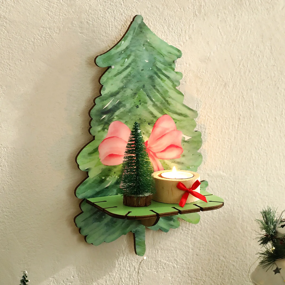 

New Butterfly Knot Green Christmas Tree Wooden Storage Rack Simple Home Bedroom Wall Decoration