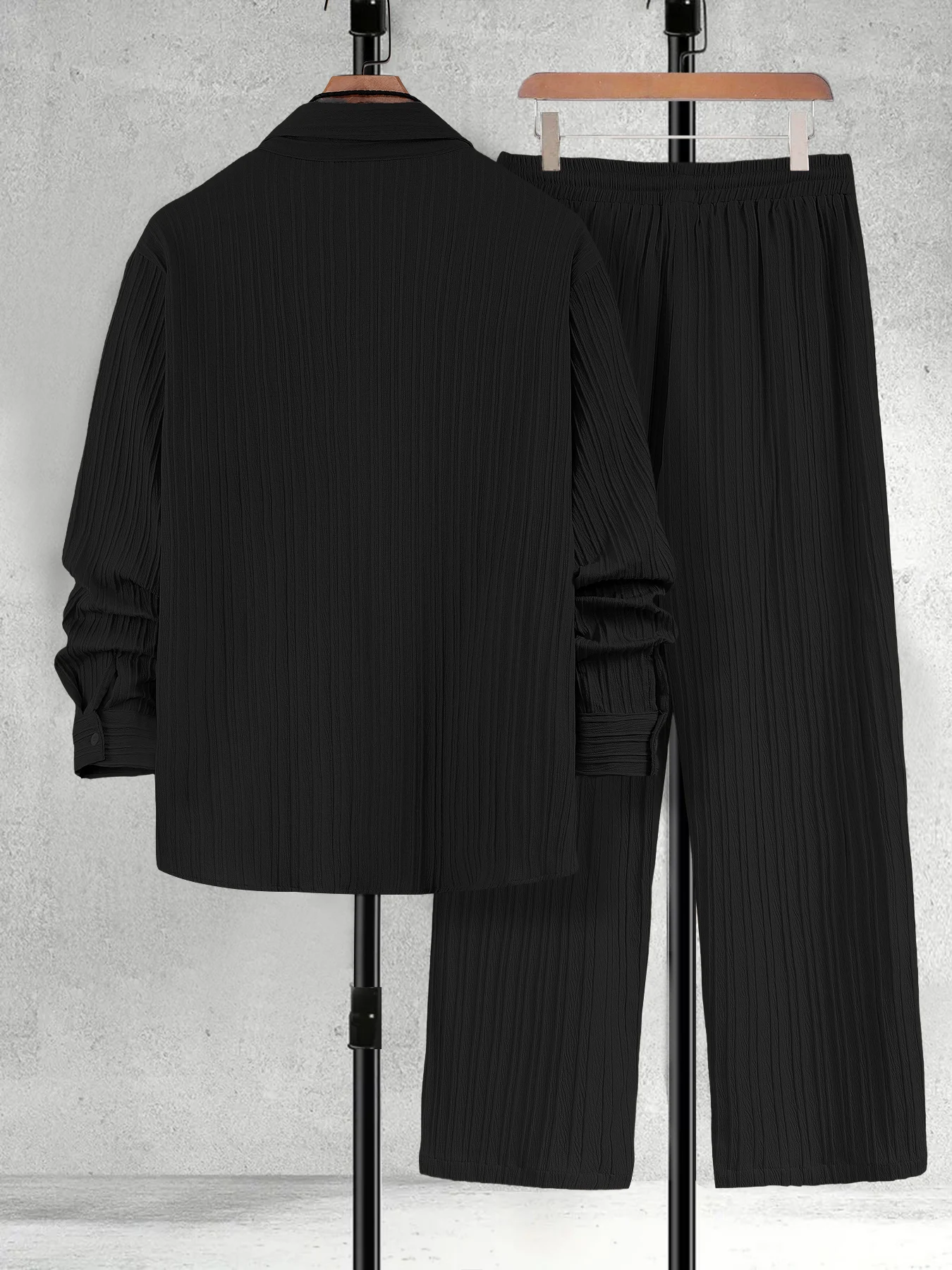 Men's Spring Autumn Solid Color Vertical Stripe Fabric Drawstring Decorated Long Sleeve Shirt Casual Pants Set view 2