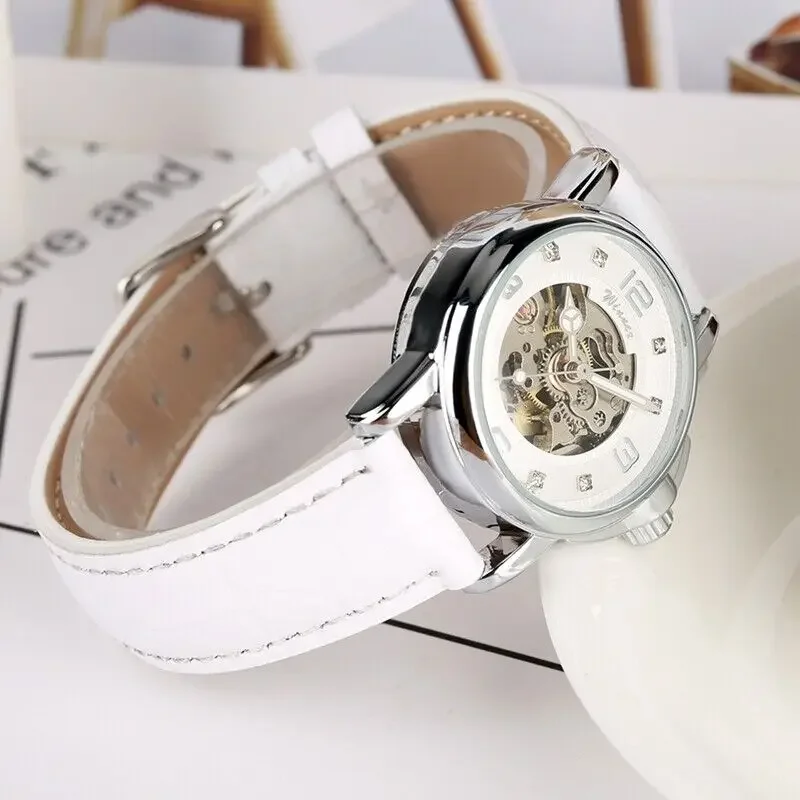 Women\'s Watch Automatic Mechanical Watch Skeleton Wristwatch Self Winding Gifts White Leather Strap Lady Watch