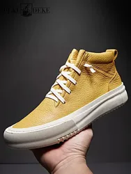 Mens High Top Skateboard Shoes Cowhide Genuine Leather Casual Shoes New Outside Joggers Sneakers Platform Lace Up Trainers Shoes