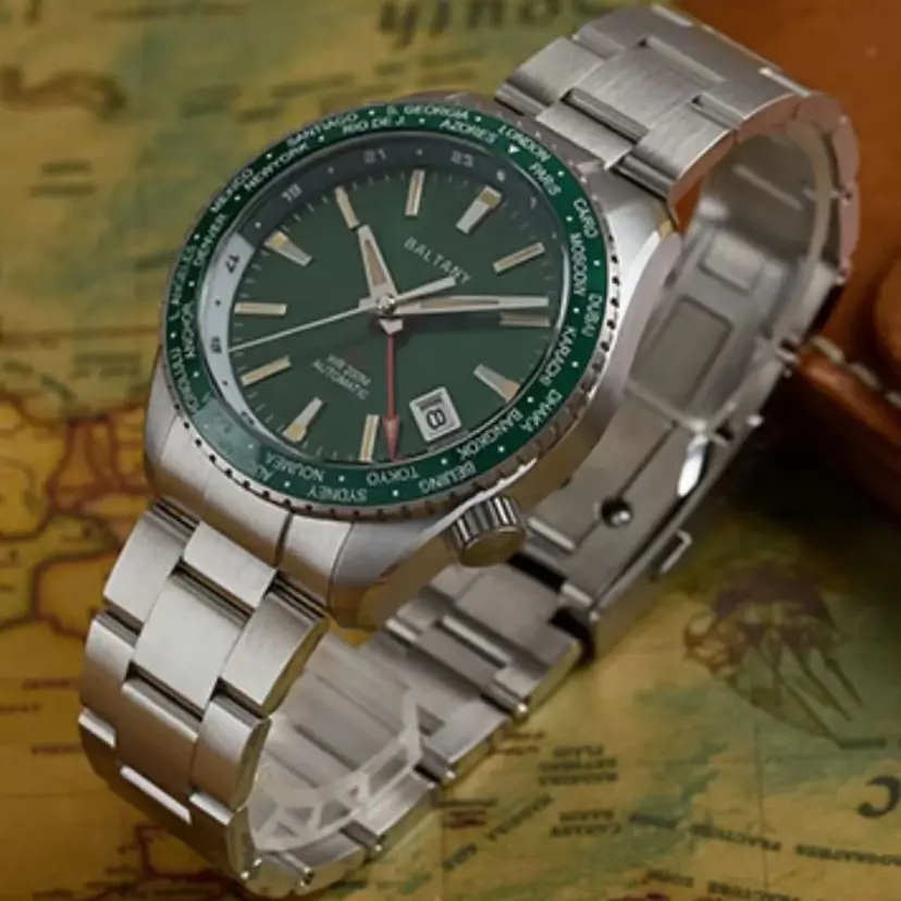 Baltany Men Automatic Watch 40mm GMT Mechaical Wristwatch Sapphire Mirror Diver 20Bar Waterproof Luminous NH34 World Time Bezel