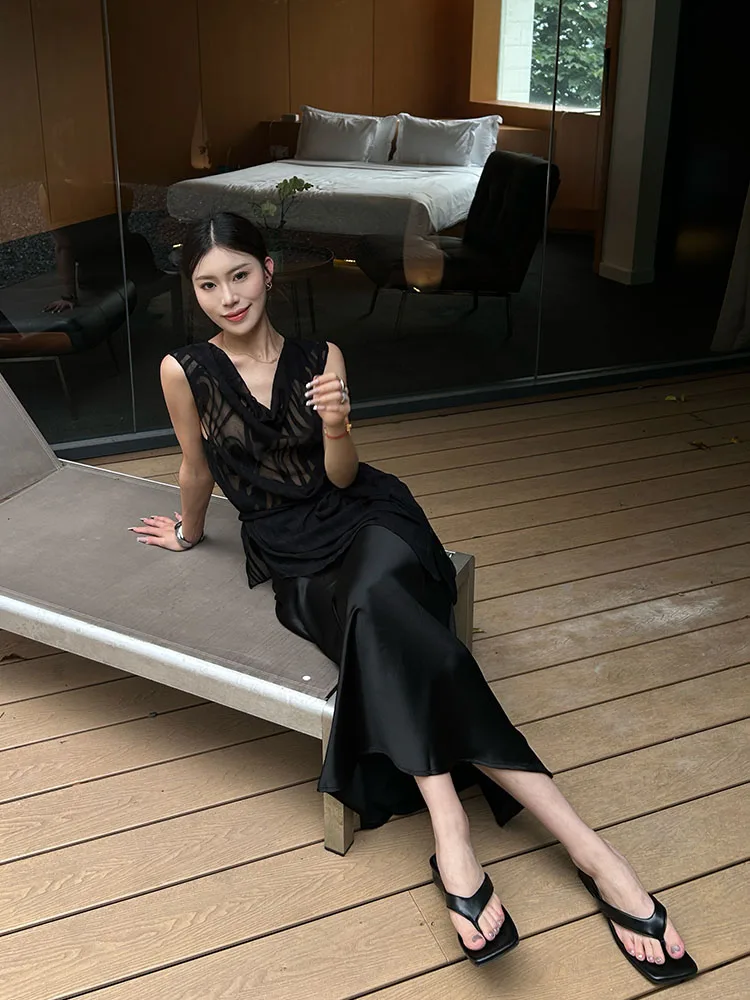 

Ele Mid-Length A-Line Fi Tail Skirt Women's Satin Acetate een Summer 2024 High Waist Pure Color Long Skirt