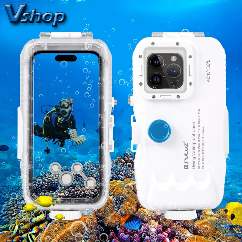 

PULUZ 40m 130ft Waterproof Diving Case for iPhone 14 15 Plus 11 12 13 14 15 Pro Max with One-way Valve underwater photo shoot
