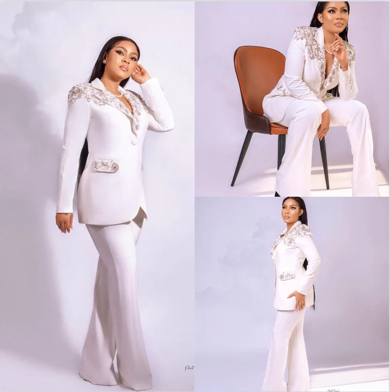 

White Women Suits Set For Wedding Crystal Jacket+Pants 2 Pieces Custom Made Blazer Formal Mother of Guest Prom Dress Tuxedo